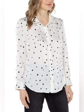 NWT Liverpool Flap Pocket Woven Front Button Down Shirt - Spotted Black White